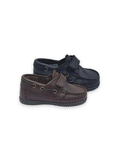 Sapatos de vela infantis em pele azul marinho e castanho com fecho em velcro Mania do Pé